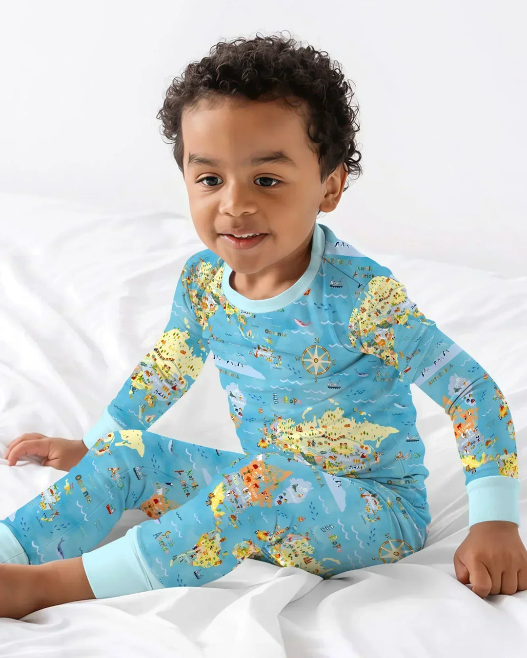Whimsical World Map Family Matching Bamboo Two Piece Long Sleeve Pajama Set