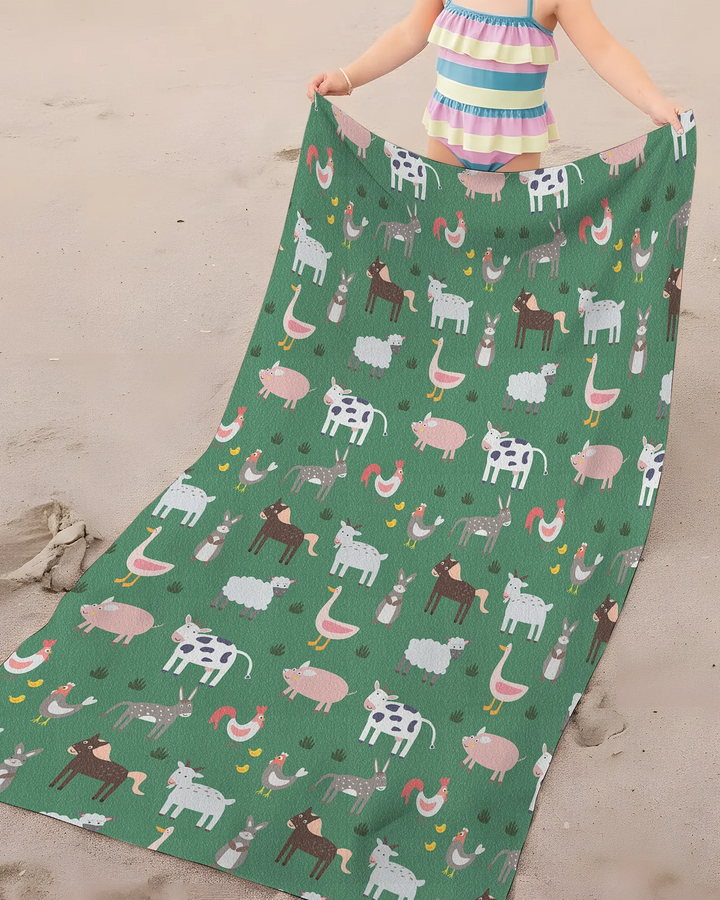 Green Farm Animals Bamboo Beach Towel