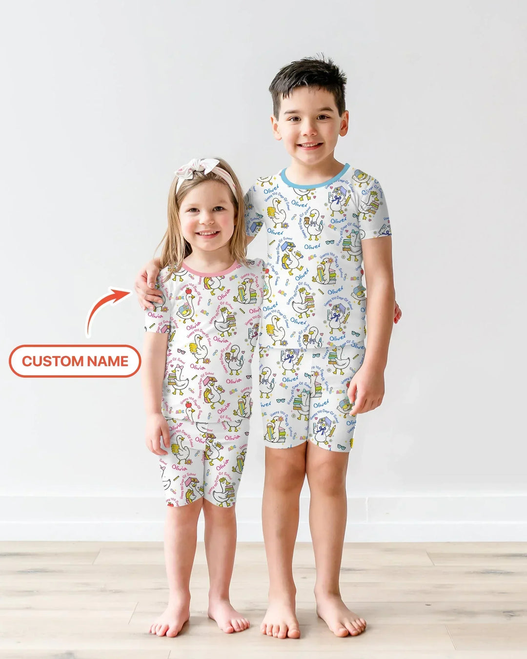 Custom Name Goose Happy 100 Days Of School Bamboo Two Piece Short Sleeve Shorts Pajama Set