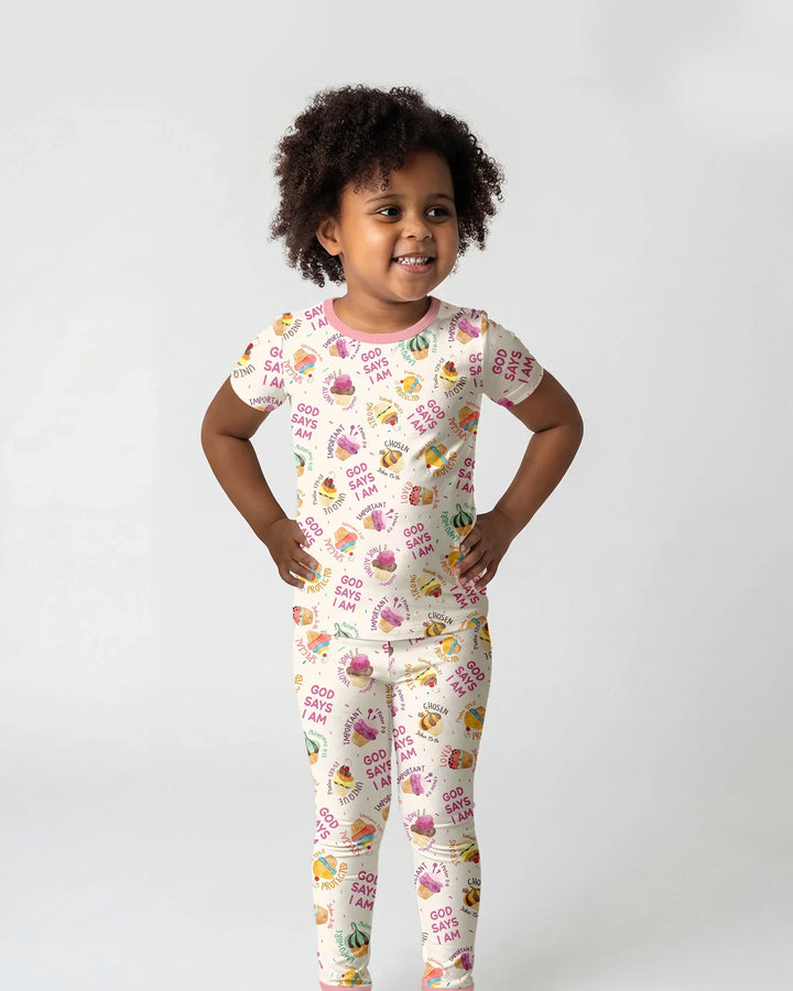 Cute Cupcake God Says I Am Bamboo Two Piece Short Sleeve Pajama Set