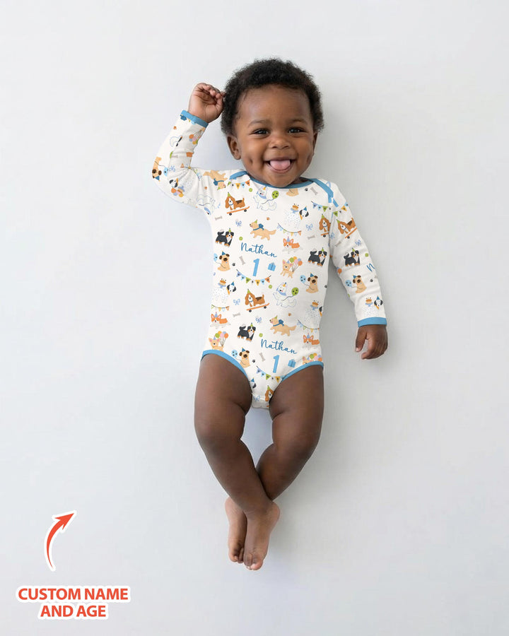 Custom Name Birthday Dogs Party Bamboo Bodysuit