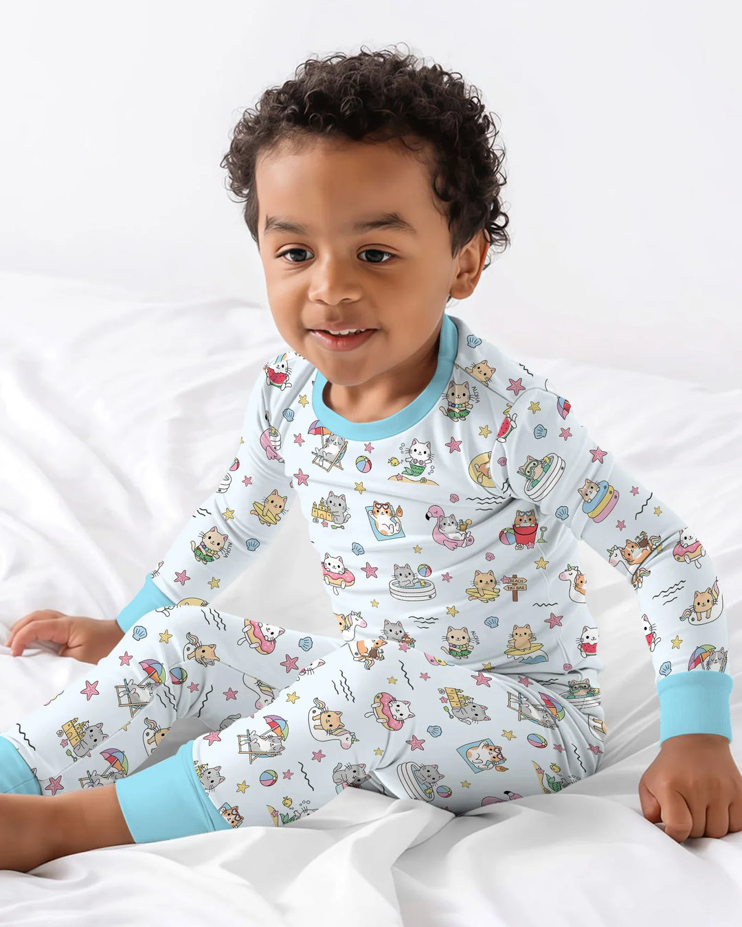 Kawaii Cats Summer Vacation Bamboo Two Piece Long Sleeve Pajama Set