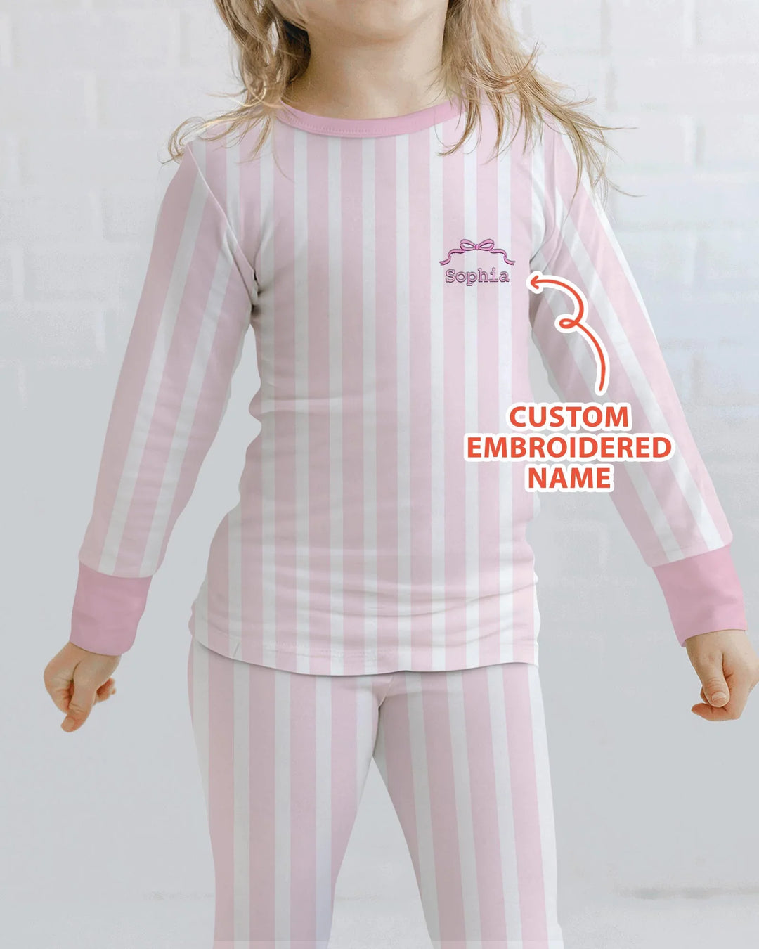 Personalized Embroidered Pink Stripes Baby Bamboo Two Piece Long Sleeve Pajama Set