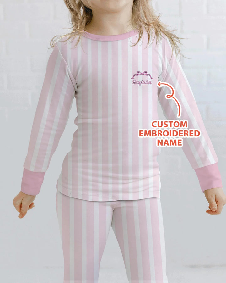 Personalized Embroidered Pink Stripes Baby Bamboo Two Piece Long Sleeve Pajama Set
