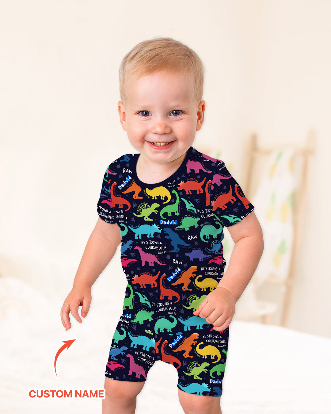Be Strong and Courageous Dinosaur Christian Bamboo Two Piece Short Sleeve Shorts Pajama Set