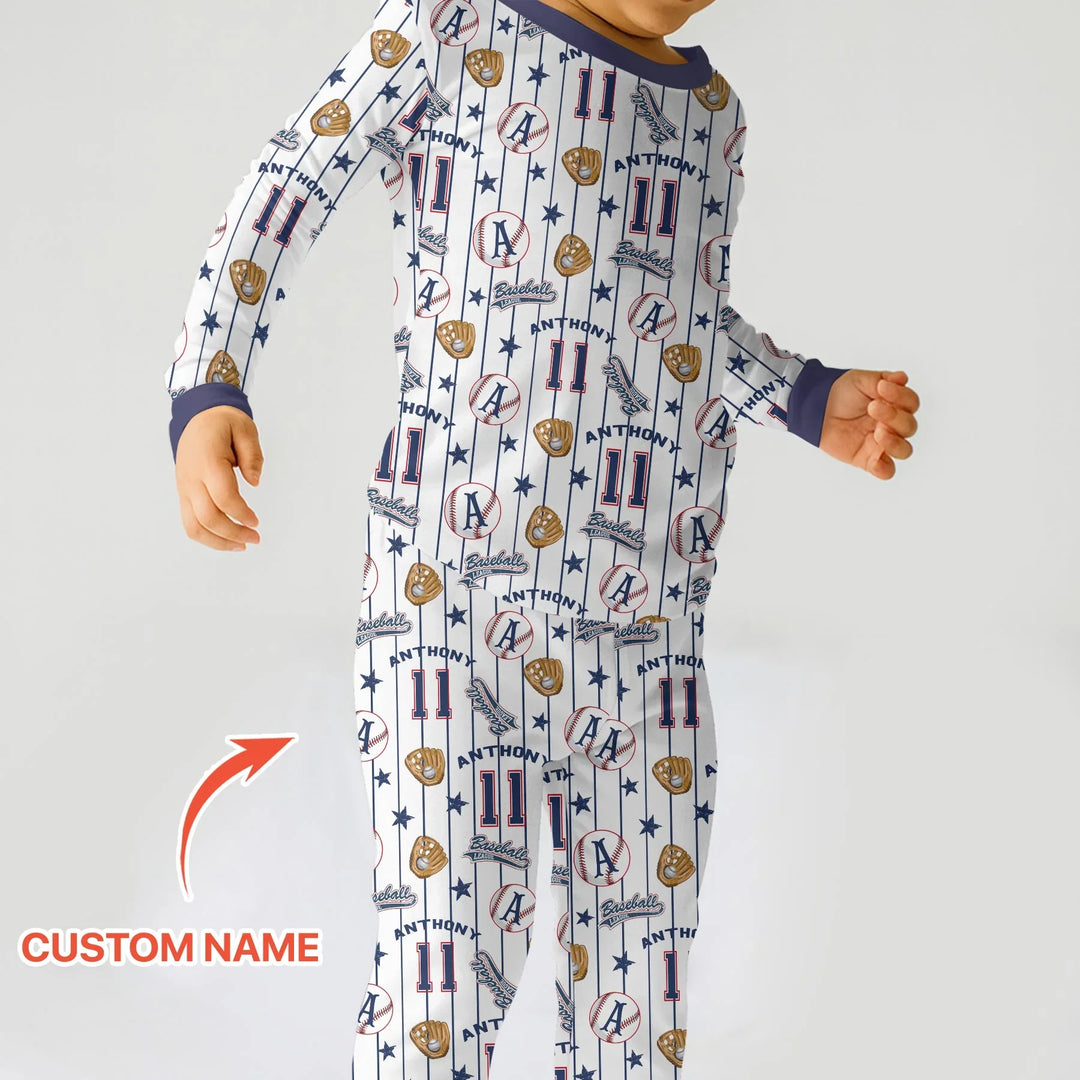 Custom Name Baseball Time Bamboo Two Piece Long Sleeve Pajama Set