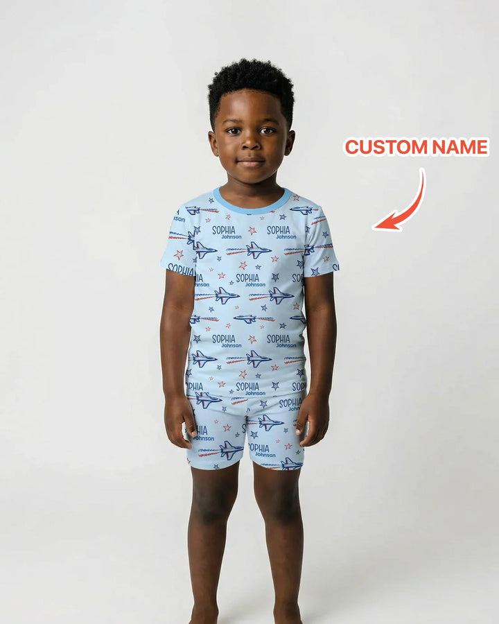 Patriotic American Flag Jet Fighter Bamboo Two Piece Short Sleeve Shorts Pajama Set