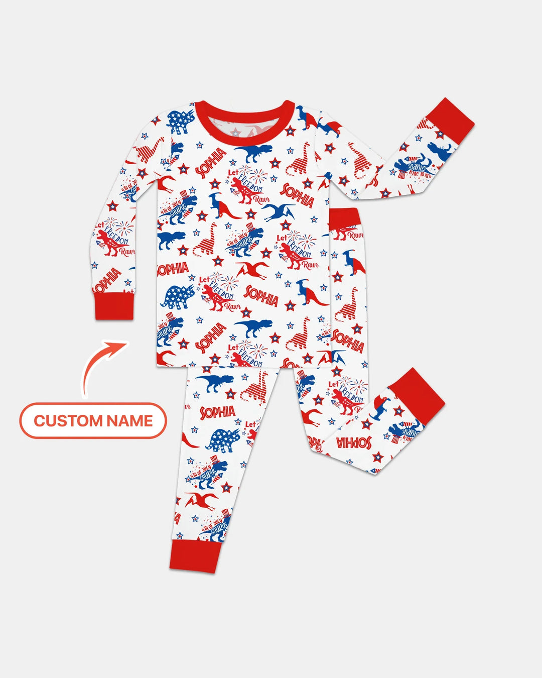 Custom Name Patriotic Dinosaur Bamboo Two Piece Long Sleeve Pajama Set