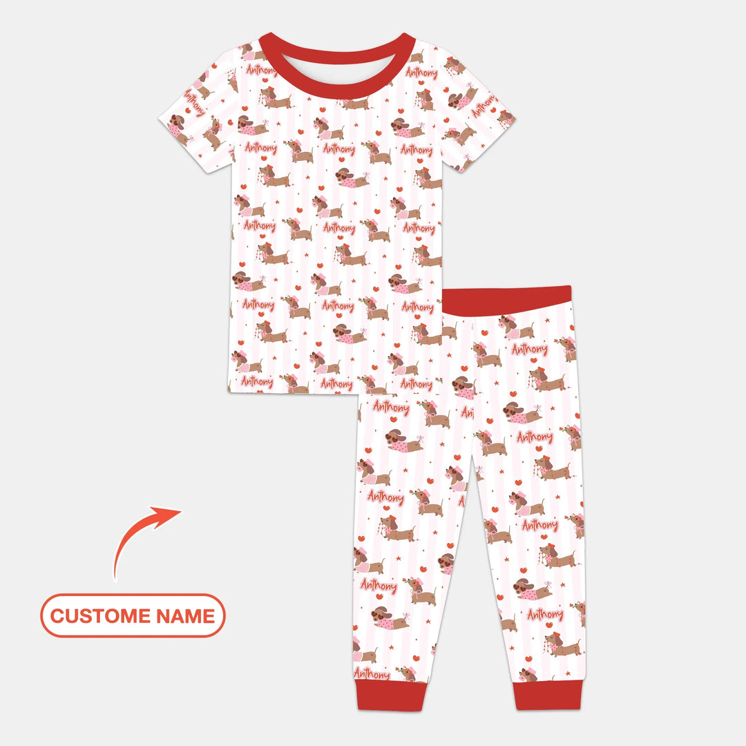 Custom Name Valentine Dachshund Family Matching Bamboo Two Piece Short Sleeve Pajama Set