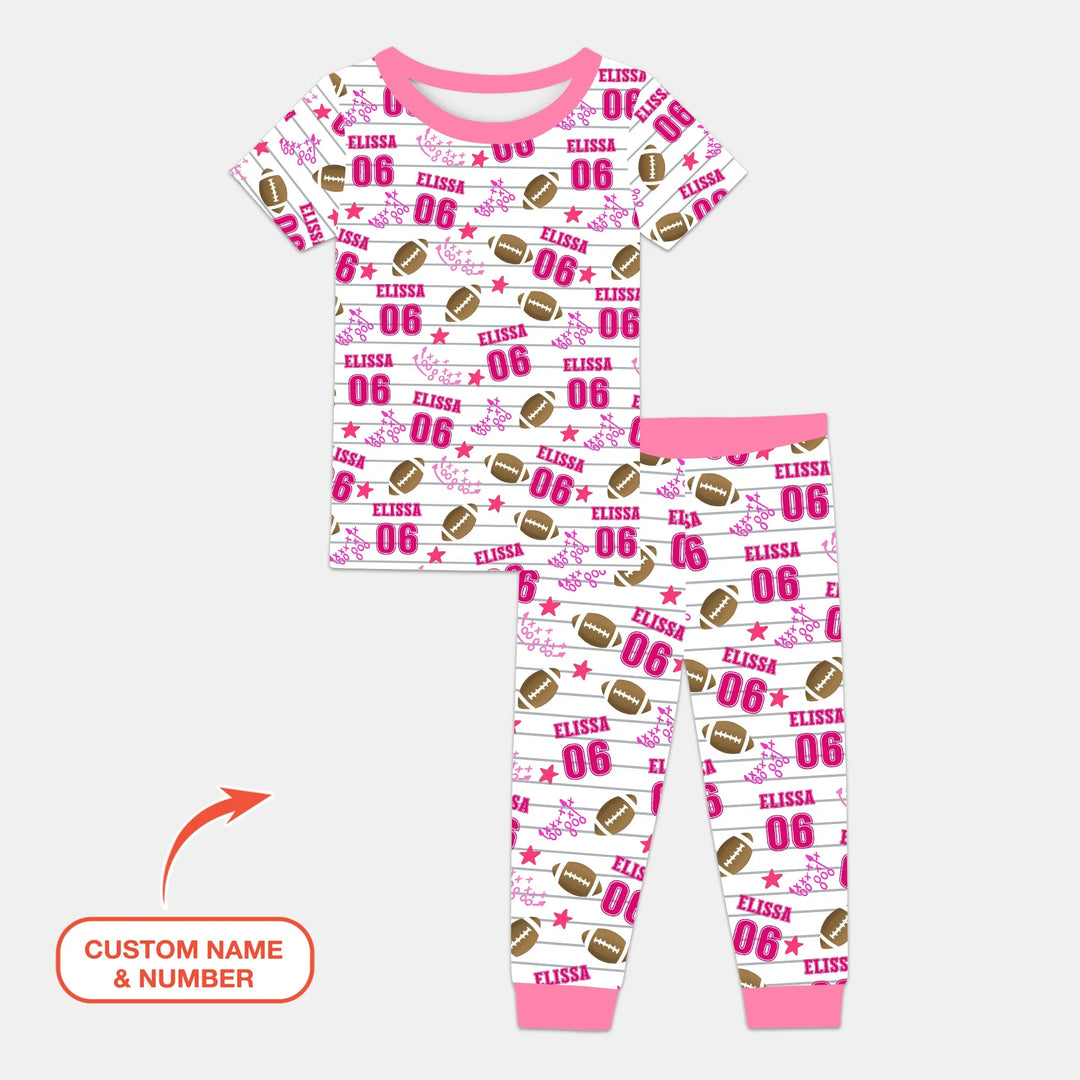 Custom Name Football Time Pink Bamboo Two Piece Short Sleeve Pajama Set