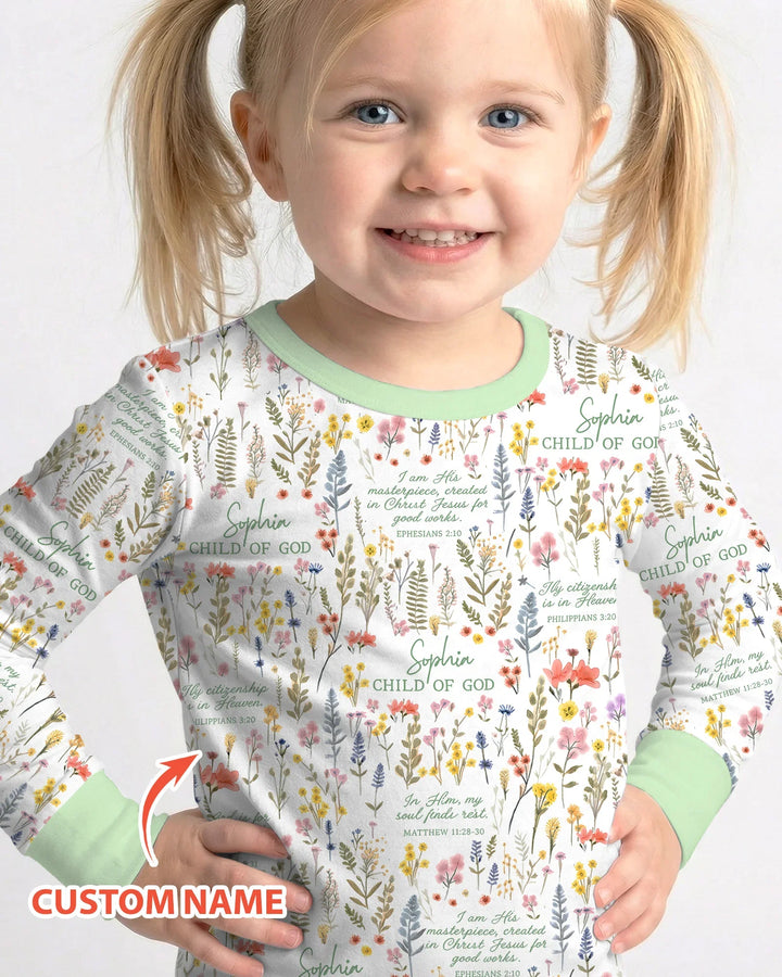 Custom Name Child of God Flower Garden Bamboo Two Piece Long Sleeve Pajama Set
