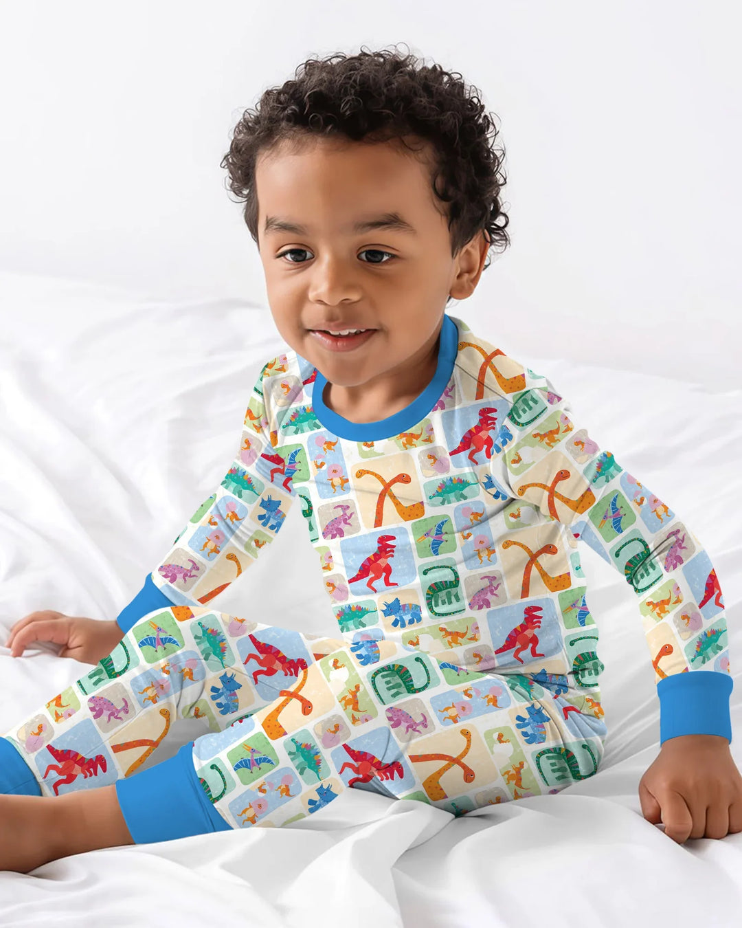Rainbow Dino Friends Family Matching Bamboo Two Piece Long Sleeve Pajama Set