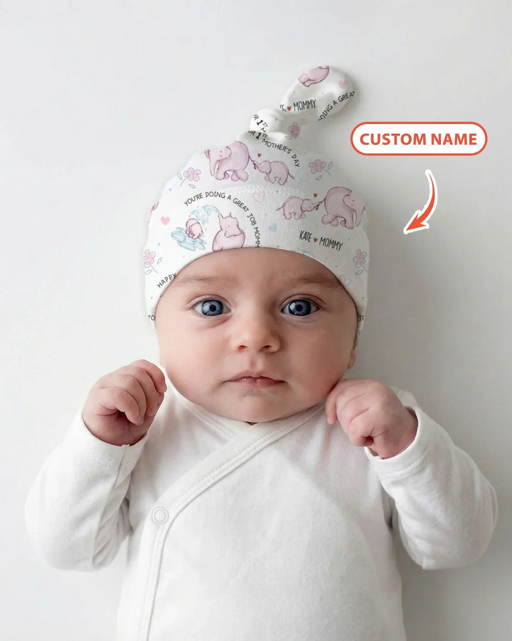 Custom Name Mother & Baby Elephant Bamboo Knotted Hat