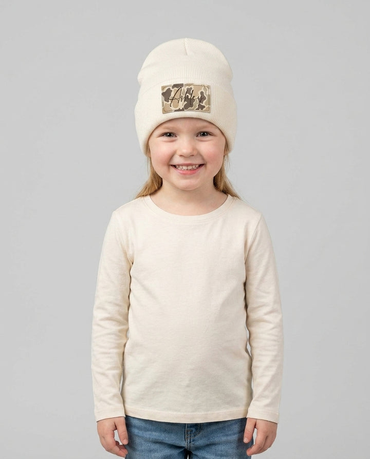 Custom Name Camo Leather Patch Beanie