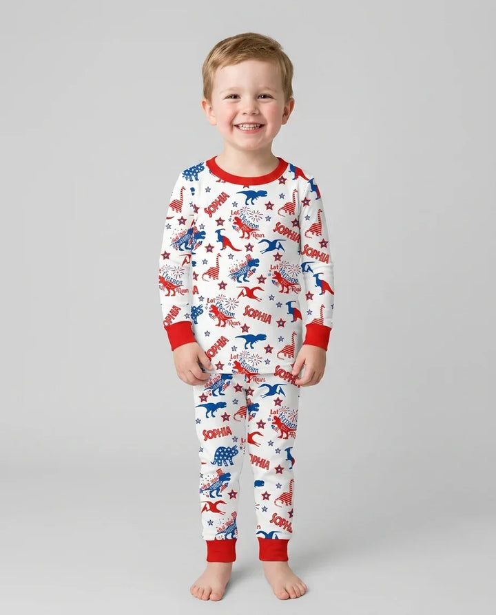 Custom Name Patriotic Dinosaur Bamboo Two Piece Long Sleeve Pajama Set