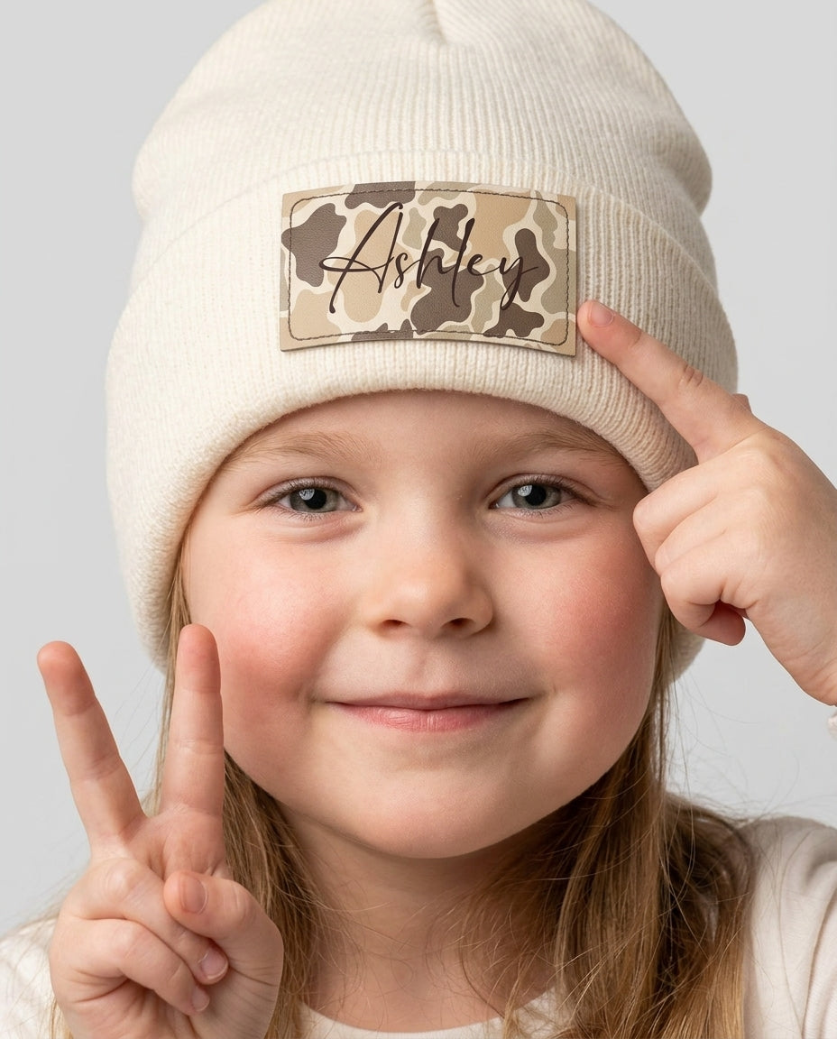 Custom Name Camo Leather Patch Beanie