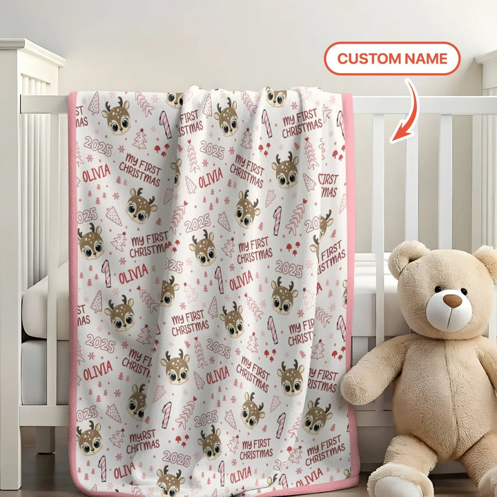 Custom Name Cute Reindeer My First Christmas Bamboo Blanket