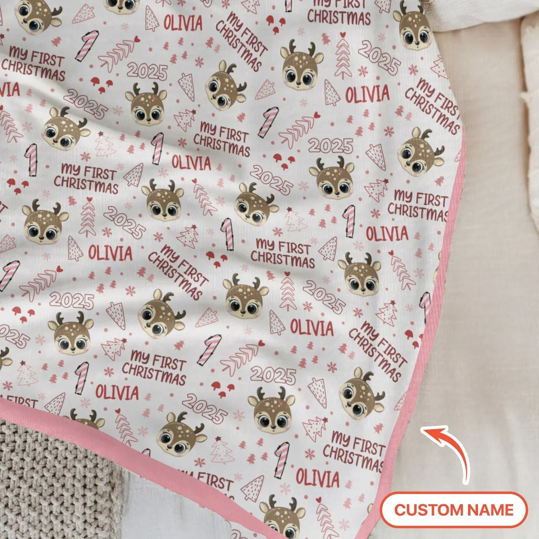 Custom Name Cute Reindeer My First Christmas Bamboo Blanket