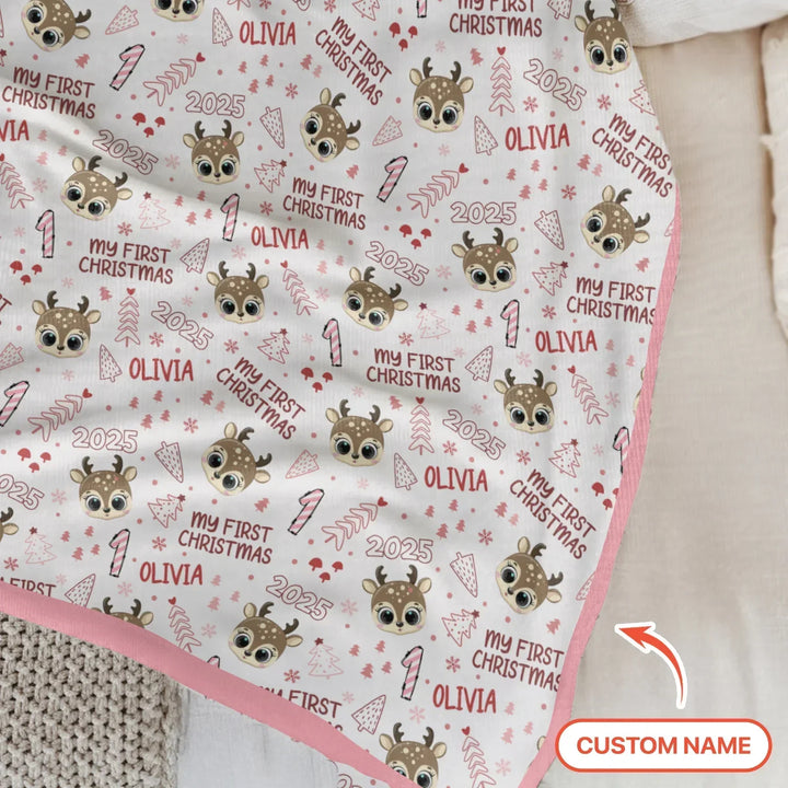 Custom Name Cute Reindeer My First Christmas Bamboo Blanket
