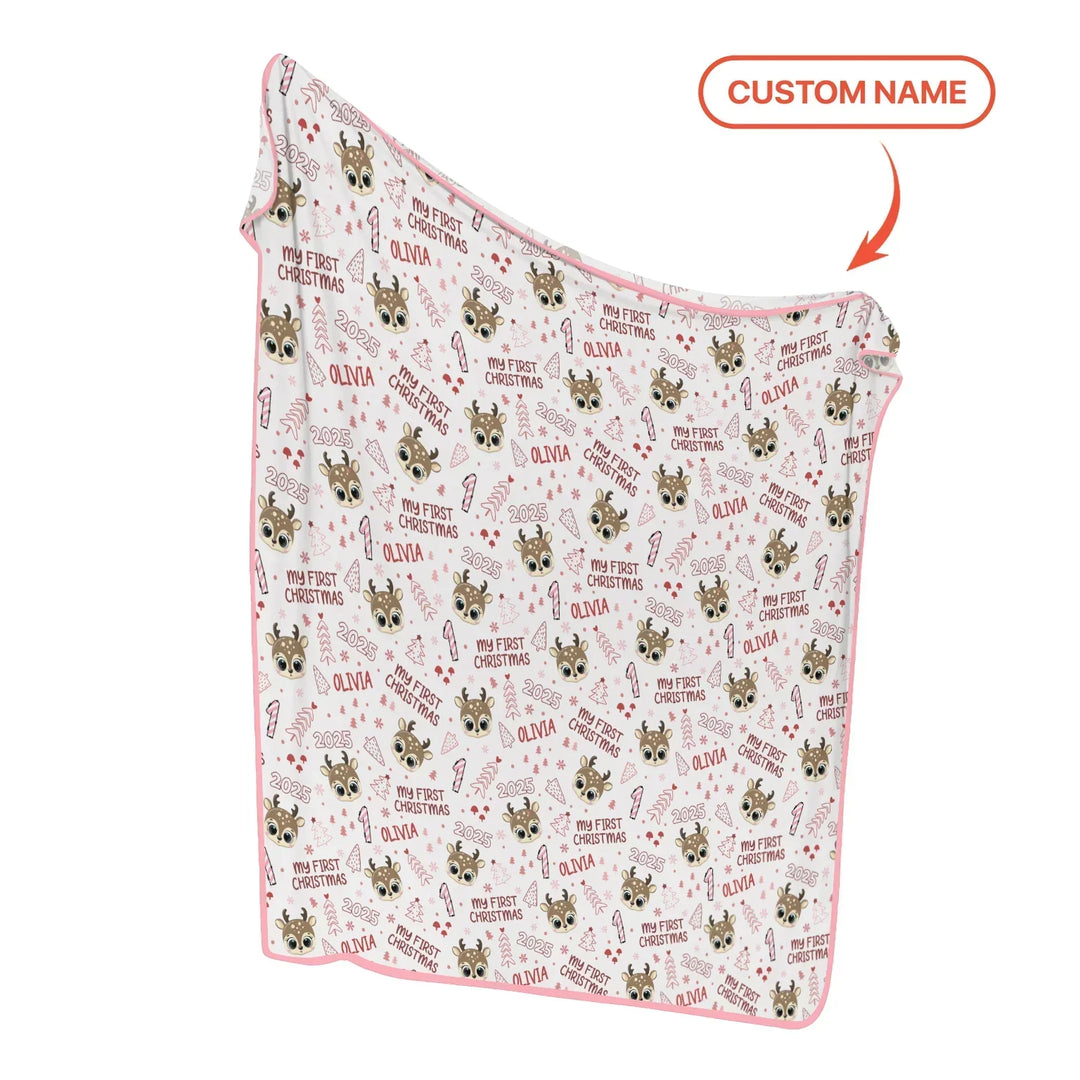 Custom Name Cute Reindeer My First Christmas Bamboo Blanket
