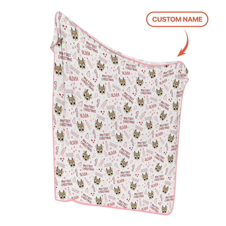 Custom Name Cute Reindeer My First Christmas Bamboo Blanket