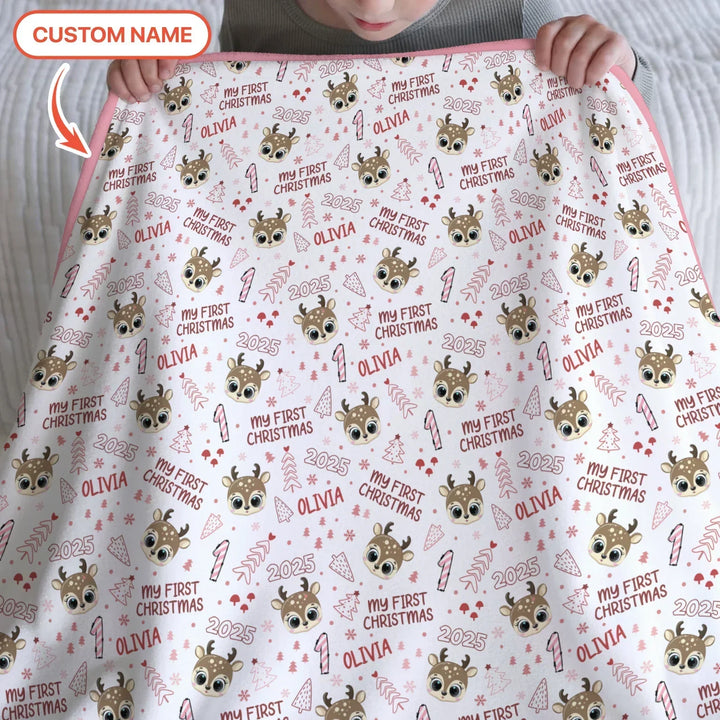 Custom Name Cute Reindeer My First Christmas Bamboo Blanket