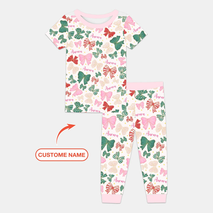 Custom Name Preppy Coquette Bows Bamboo Two Piece Short Sleeve Pajama Set