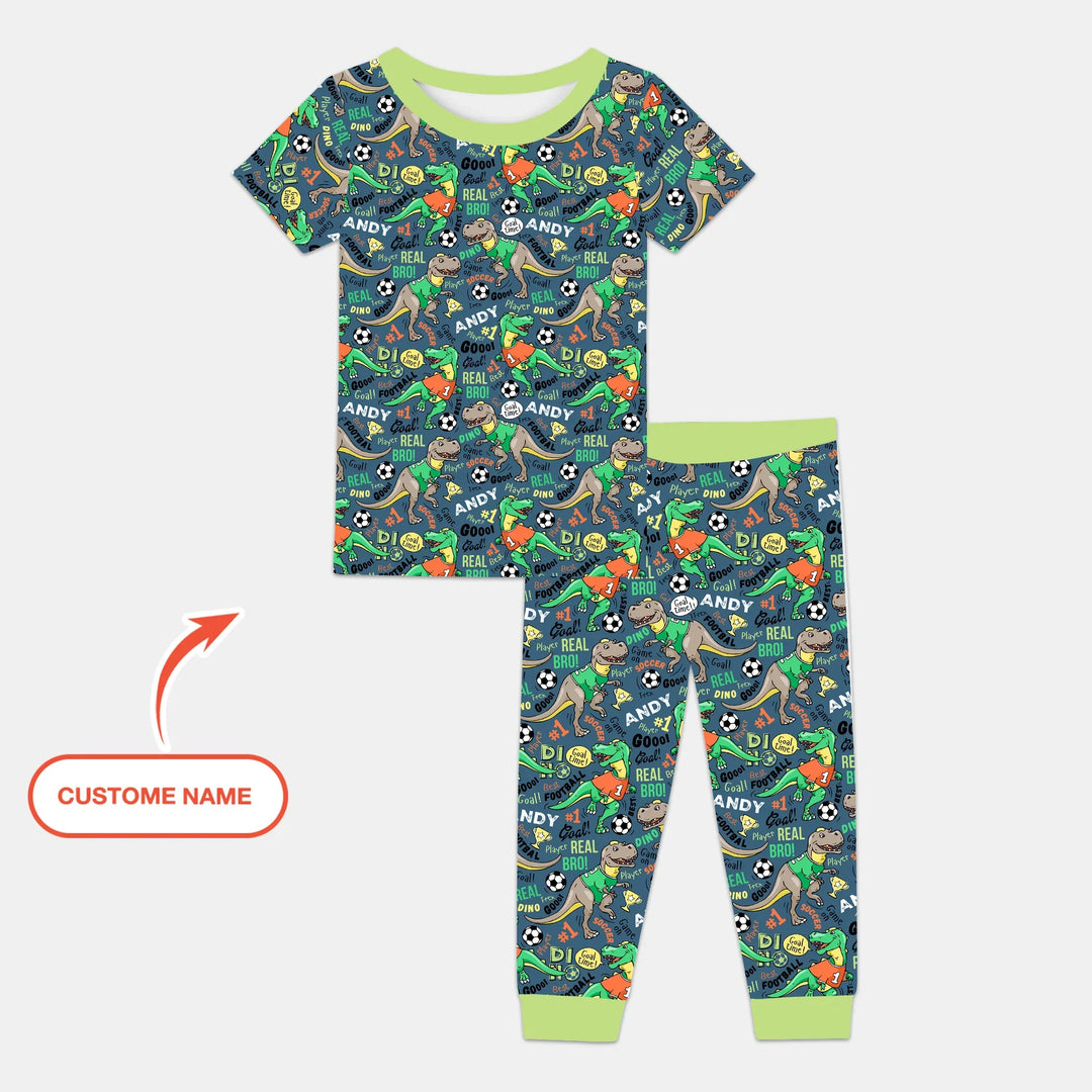 Custom Name Dino Soccer Bamboo Two Piece Short Sleeve Pajama Set