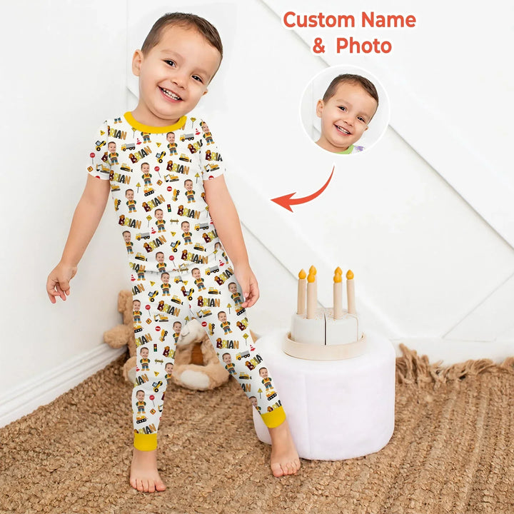 Custom Photo Doodle Little Builder Bamboo Two Piece Short Sleeve Pajama Set