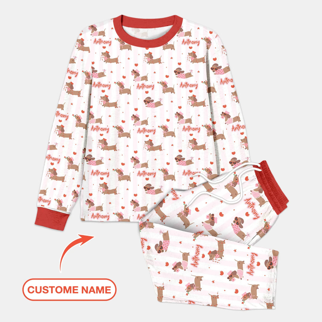 Custom Name Valentine Dachshund Family Matching Bamboo Men's Pajama Set