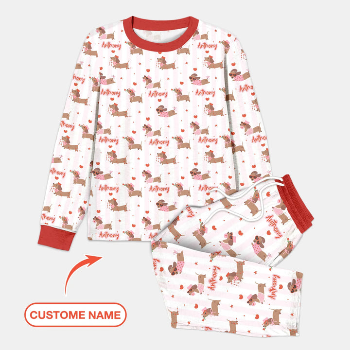 Custom Name Valentine Dachshund Family Matching Bamboo Men's Pajama Set