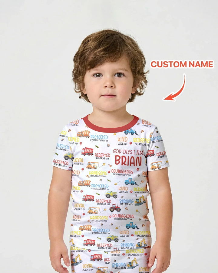 Personalized God Says I Am Little Builder Bamboo Two Piece Short Sleeve Shorts Pajama Set