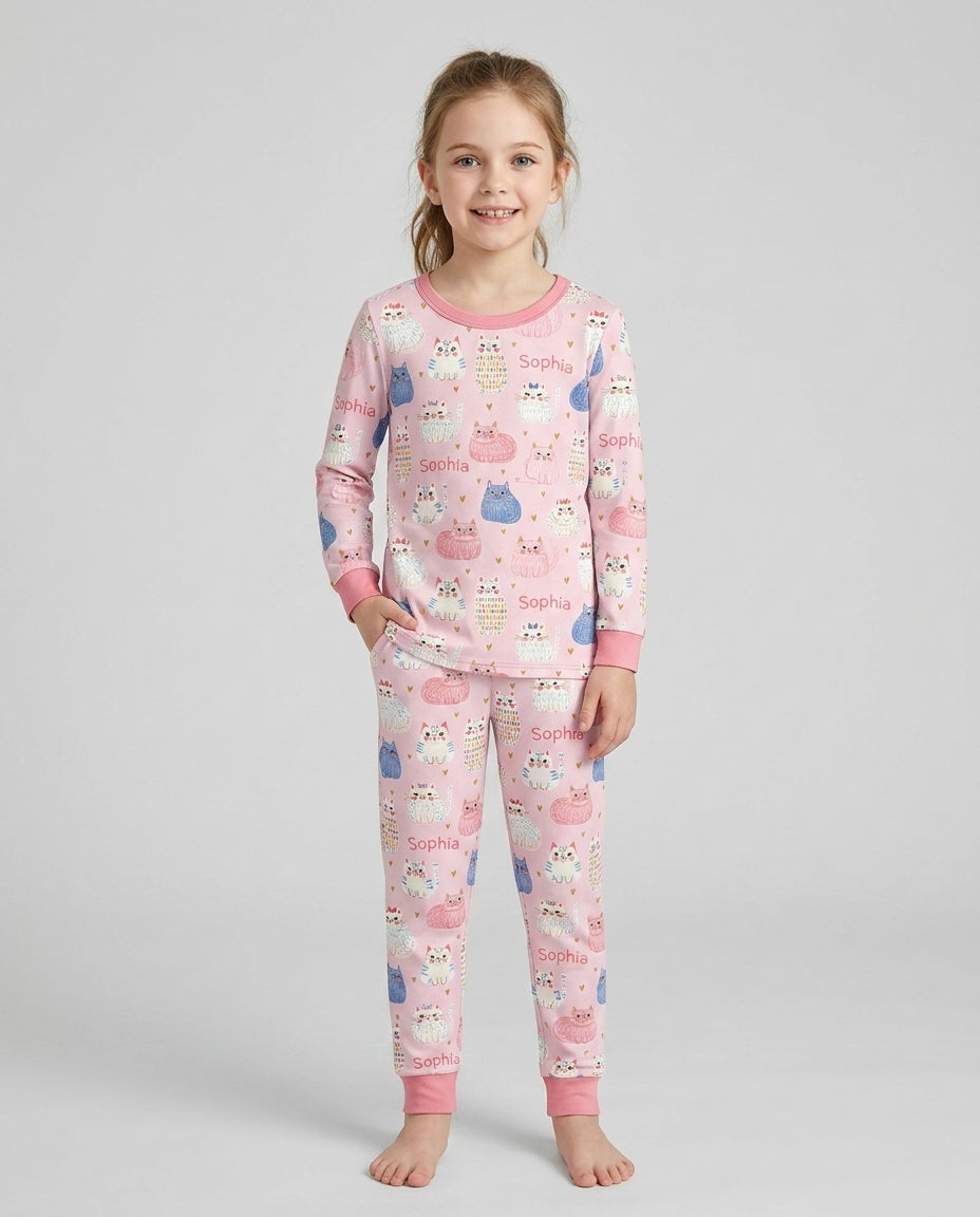 Custom Name Cute Pastel Cat Bamboo Two Piece Long Sleeve Pajama Set