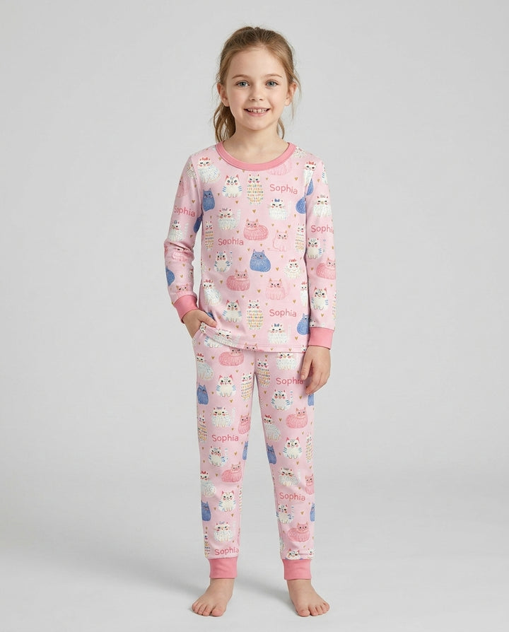 Custom Name Cute Pastel Cat Bamboo Two Piece Long Sleeve Pajama Set