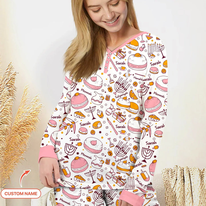 Happy Hanukkah Doodles Custom Name Family Matching Bamboo Women Pajama Set