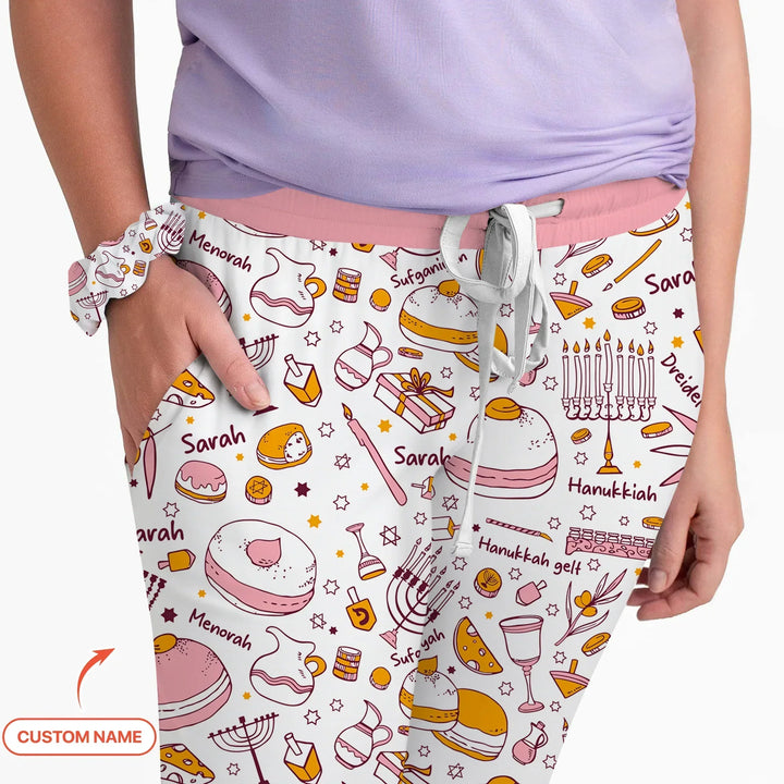 Happy Hanukkah Doodles Custom Name Family Matching Bamboo Women Pajama Set