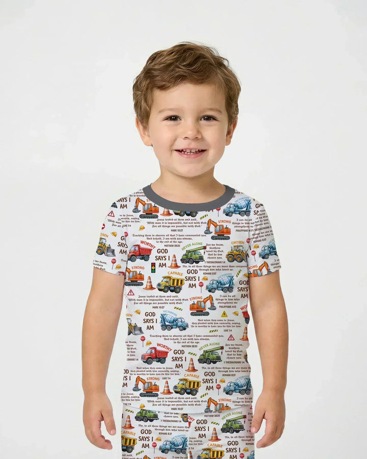Bible Verse Construction Trucks Bamboo Two Piece Short Sleeve Pajama Set