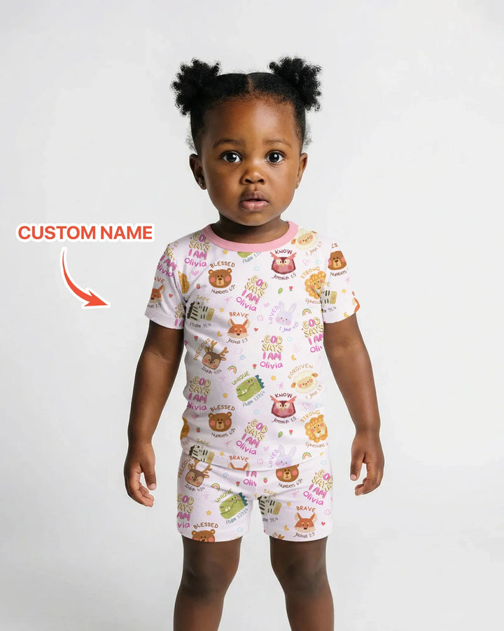 God Says I Am — Little Flock Custom Name Two Piece Short Sleeve Shorts Pajama Set