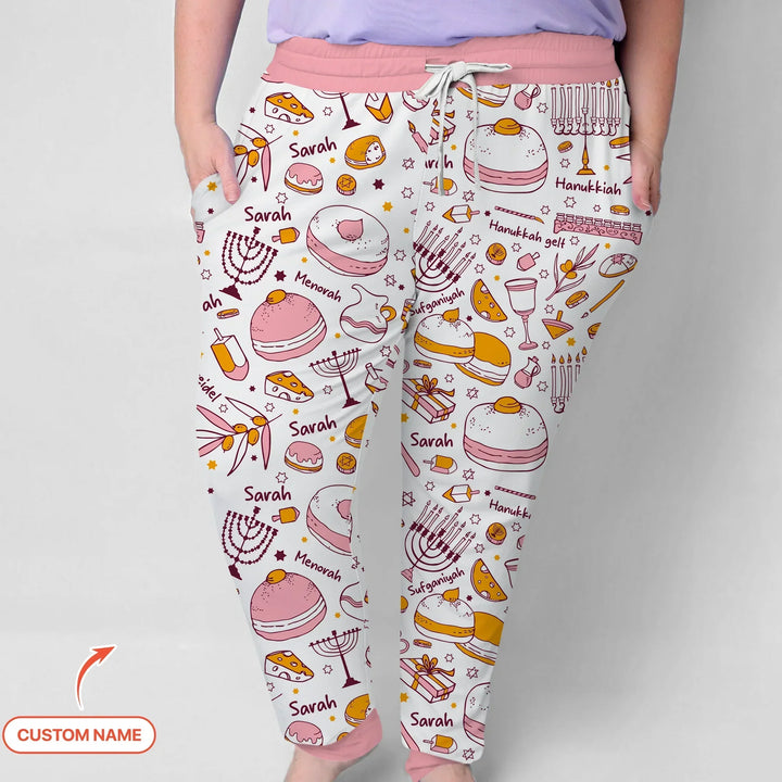 Happy Hanukkah Doodles Custom Name Family Matching Bamboo Women Pajama Set
