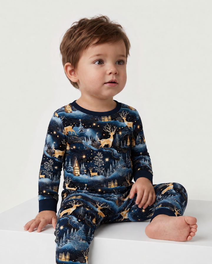Magical Midnight Blue Winter Deer Forest Bamboo Two Piece Long Sleeve Pajama Set