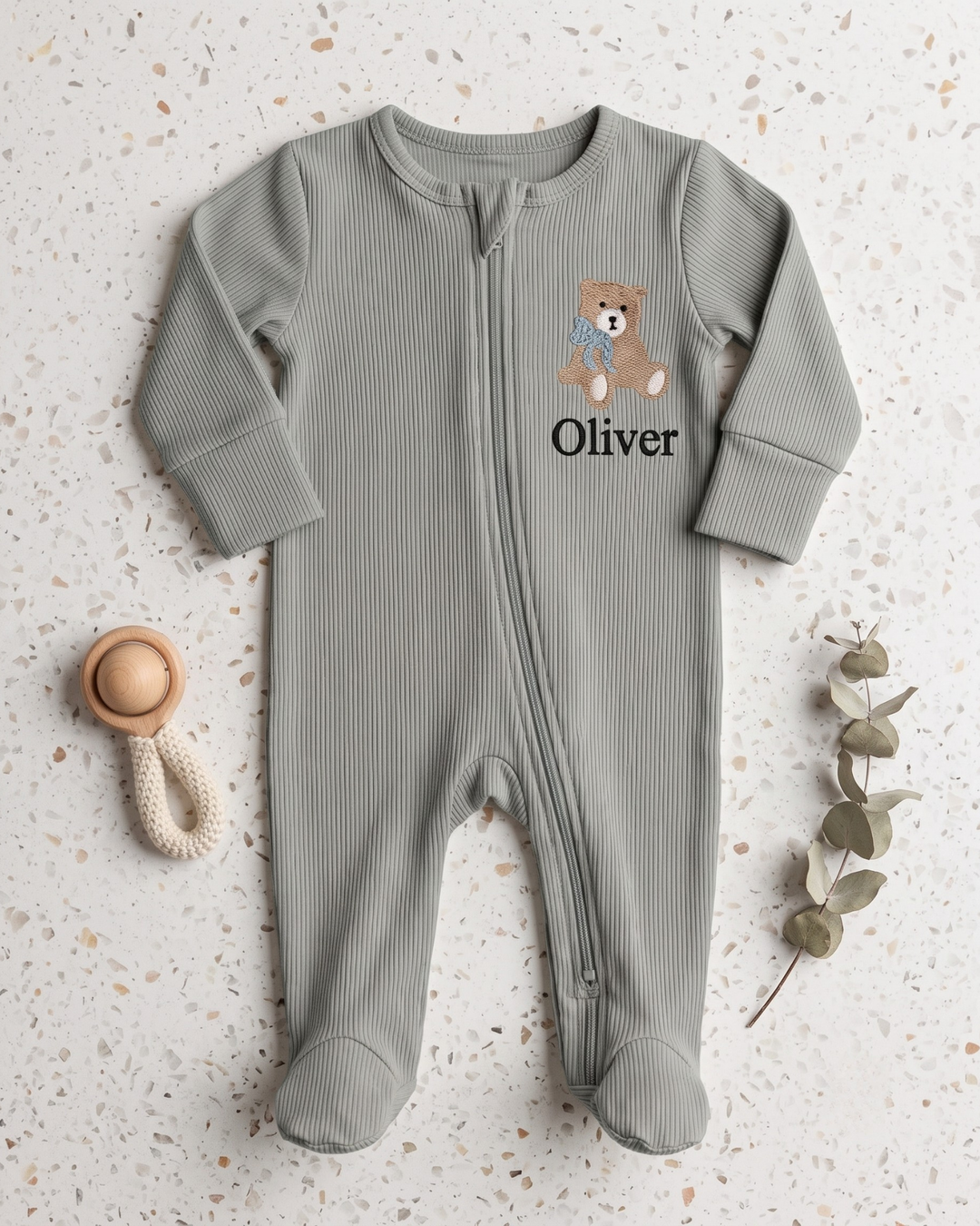 Teddy Bear Embroidered Name Ribbed Bamboo Zipper Footie