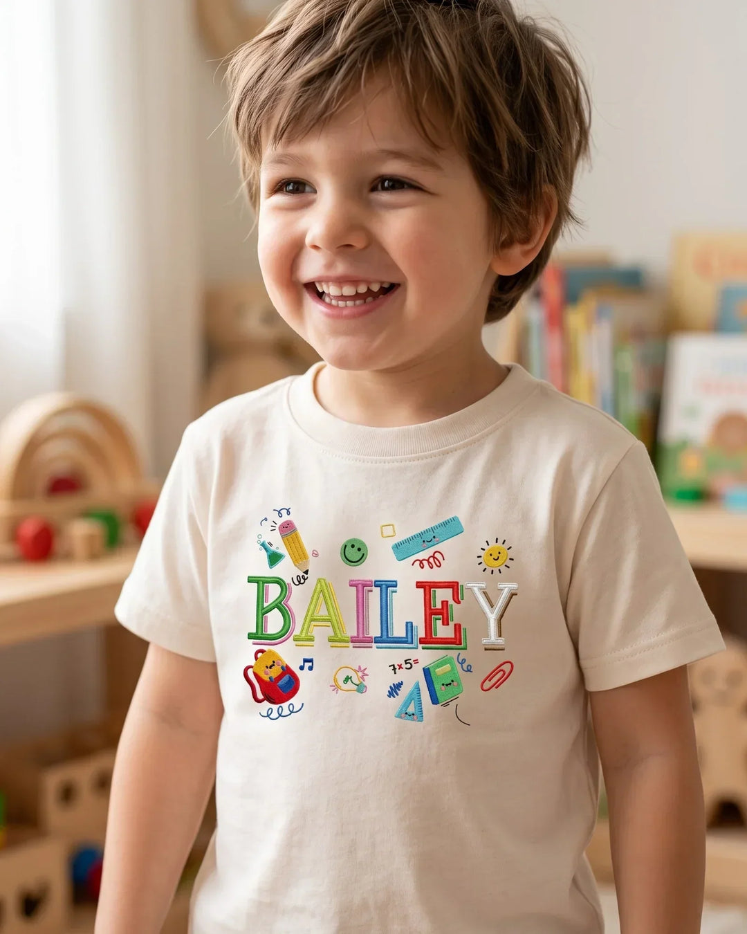 Custom Name Colorful Campus Embroidered Bamboo Crewneck T-Shirt