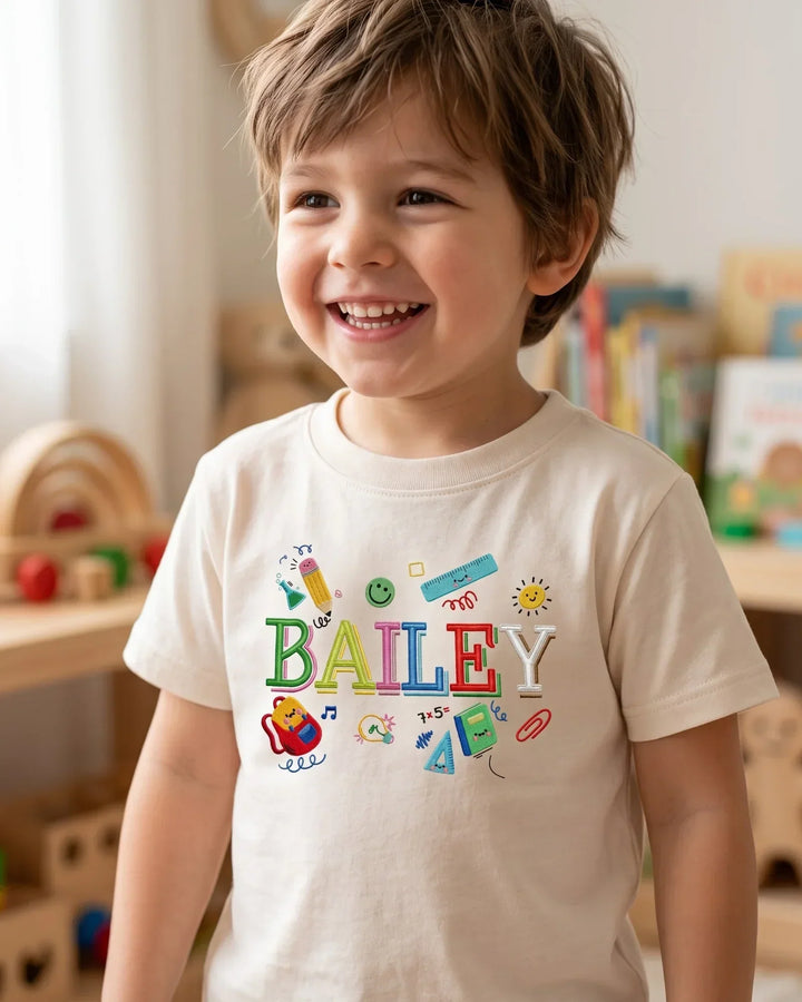 Custom Name Colorful Campus Embroidered Bamboo Crewneck T-Shirt