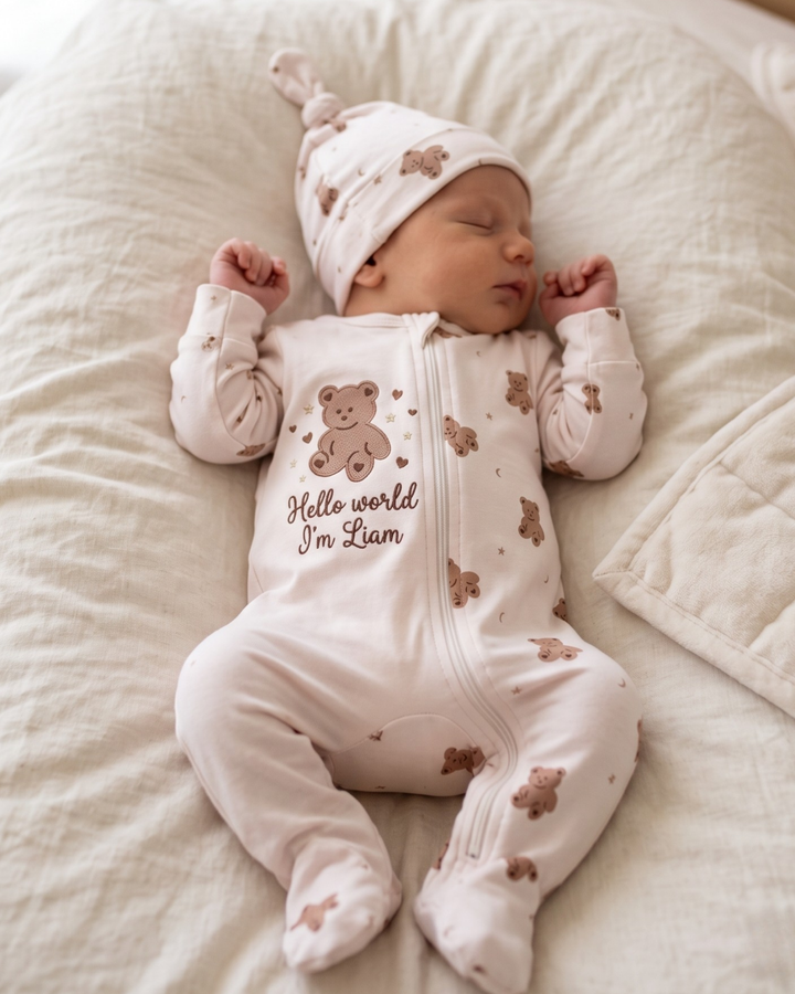 Teddy Bear Hello World Embroidered Bamboo Zipper Footie