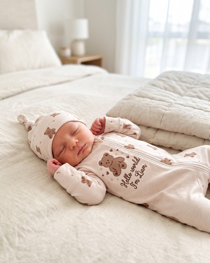 Teddy Bear Hello World Embroidered Bamboo Zipper Footie
