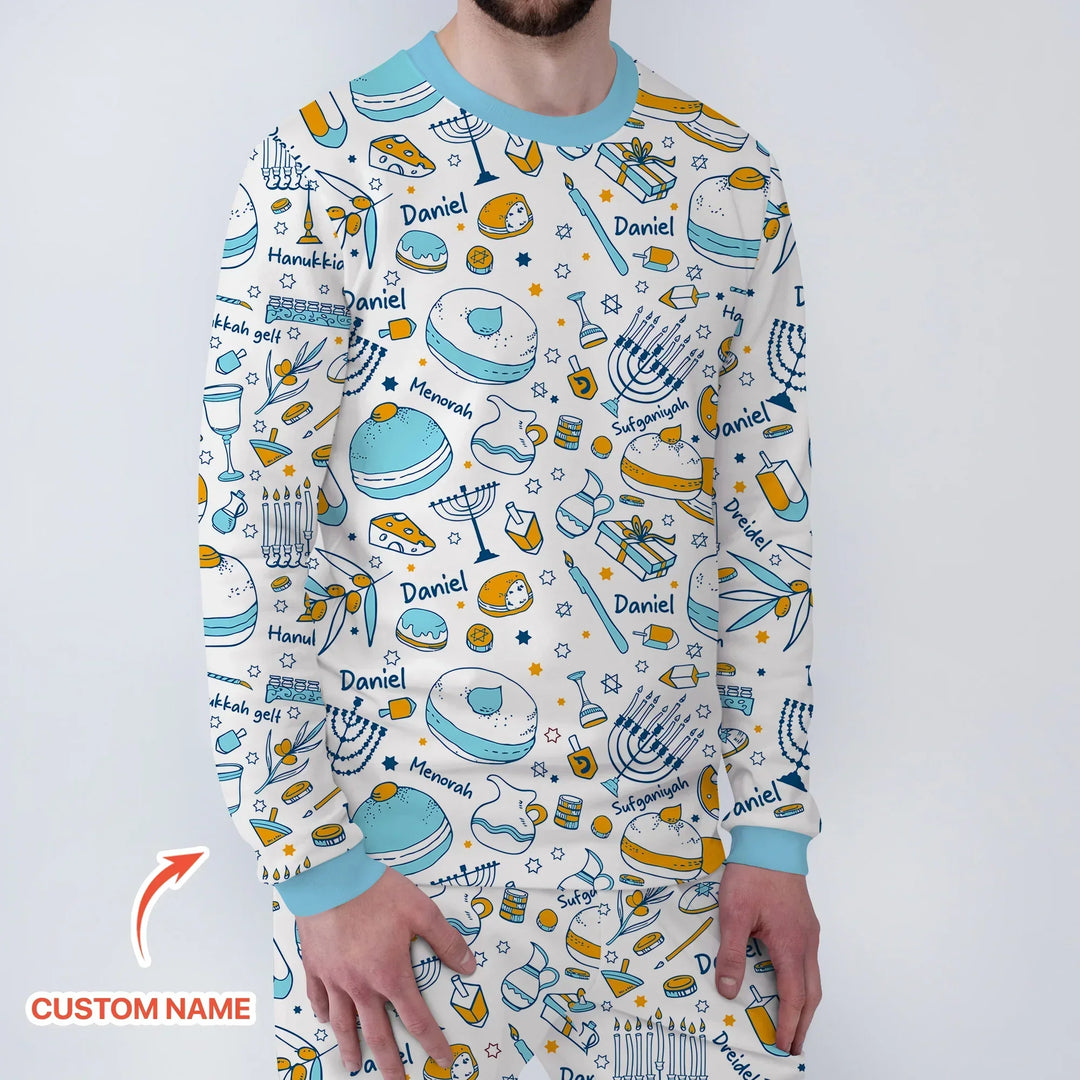 Happy Hanukkah Doodles Custom Name Family Matching Bamboo Men's Pajama Set