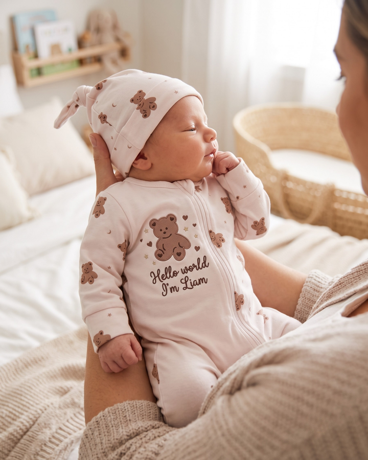 Teddy Bear Hello World Embroidered Bamboo Zipper Footie