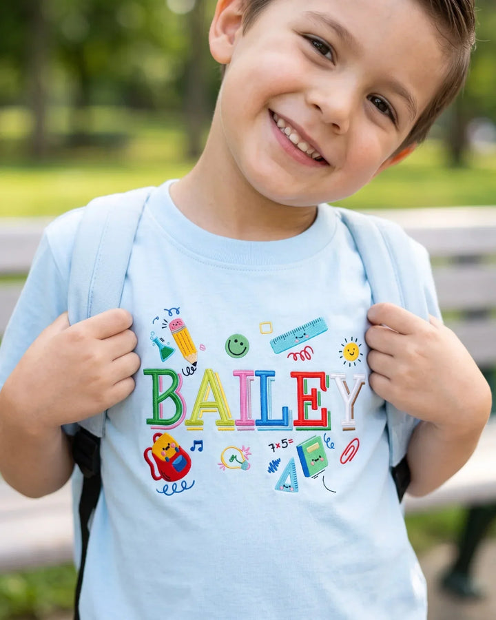 Custom Name Colorful Campus Embroidered Bamboo Crewneck T-Shirt