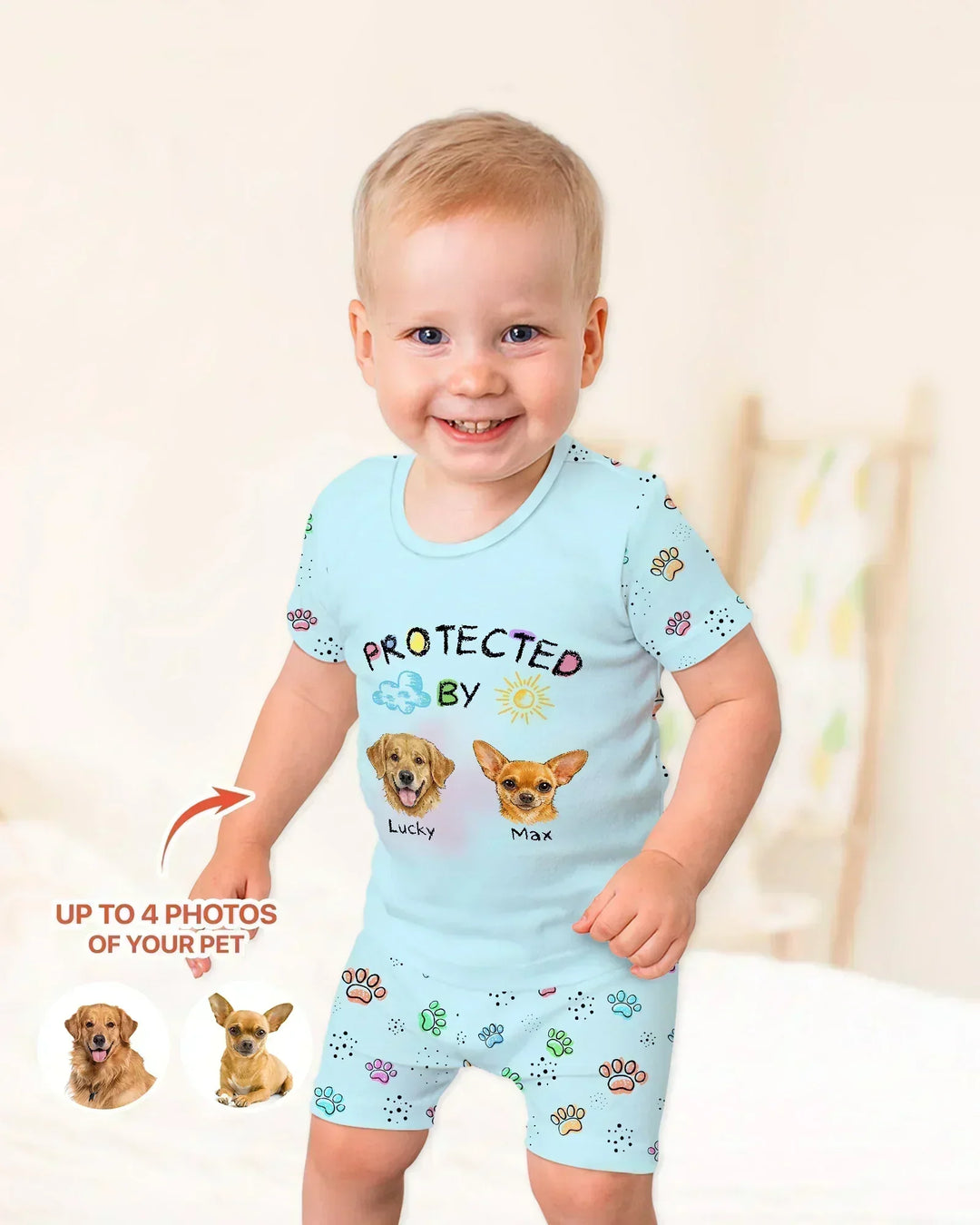 Custom Photo Crayon "Protected By" Bamboo Two Piece Short Sleeve Shorts Pajama Set