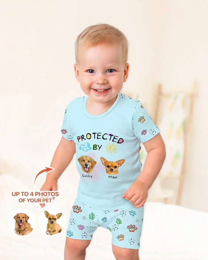 Custom Photo Crayon "Protected By" Bamboo Two Piece Short Sleeve Shorts Pajama Set